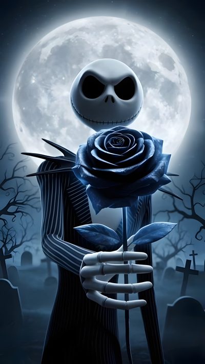 a skeleton holding a rose in front of a full moon Happy Halloween Jack Skellington The Nightmare Before Christmas Jack, Jack Skellington Iphone, Jack Skellington Cool, dark slate gray