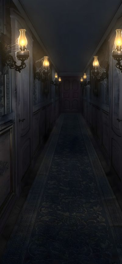 a long hallway with two lamps on either side of the wall and an ornate carpet Halloween Hallway Creepy Castle Aesthetic, Fantasy Hotel Concept Art, Mysterious House, black