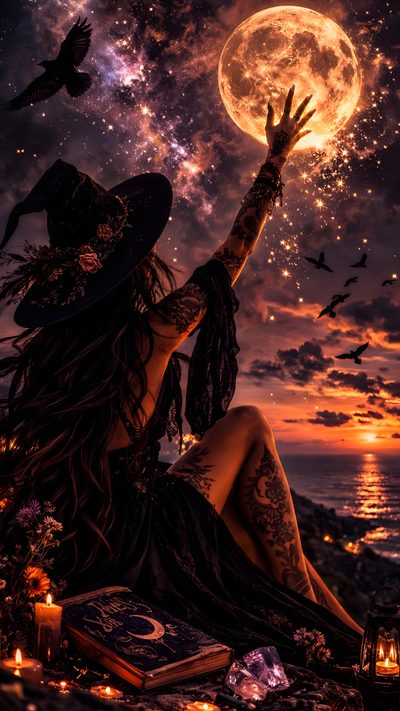 a woman sitting on the ground with her hands up in the air while looking at the moon Witchy Halloween Iphone Modern Witches, Witch Photo, Witchy Inspiration, Strega Aesthetic, black