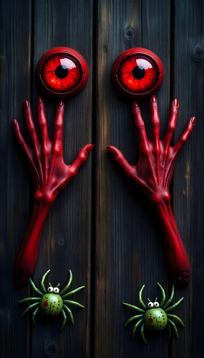 two creepy hands with red eyes and one green spider on the other hand, against a wooden background Halloween Cyclops Horror 3d, 3d Horror, Horror Picture 3d, Iphone Horror 3d, Scary 3d, black