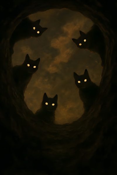 three black cats with glowing eyes are in a dark cave, looking up at the sky Creepy Black Cat Halloween Scary Halloween Illustration, Whimsical Dark Fantasy, Black Cat Evil,