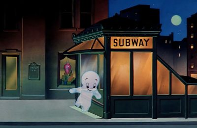an animated ghost is standing in front of a subway station Casper Halloween Casper Zoom Background, Casper Animation Screencaps, Casper Ghost Eating, dark slate gray