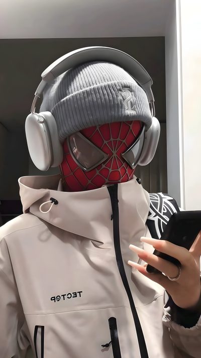 a person with headphones and a jacket on holding a cell phone in their hand Halloween Iphone For Boys Spider Headphones, Spiderman Selfies, Streetwear Spiderman, gray