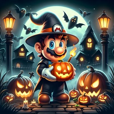 an image of a cartoon character with pumpkins Nintendo Halloween Mario Halloween Background, Halloween Mario, Super Mario Halloween Background, dark slate gray