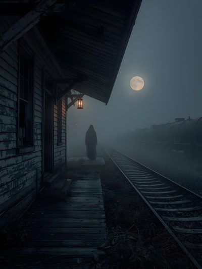 a person standing on train tracks in the fog Halloween Ghost Train Haunted Train Station, Spooky Train Station, Scary Train Station, black