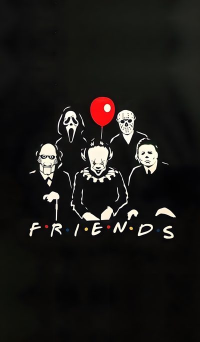 a group of people standing next to each other in front of a red ballon Halloween Horror Friends Horror Friends Tattoo, Friends Horror, Horror Movie Friends, black