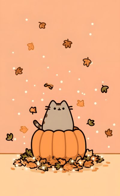 a cat sitting on top of a pumpkin surrounded by leaves and falling from the sky Cute Halloween With Cats Cute Fall Pfp Aesthetic, Fall Cats, Cute Pumpkin Cat, Fall Phone, light salmon