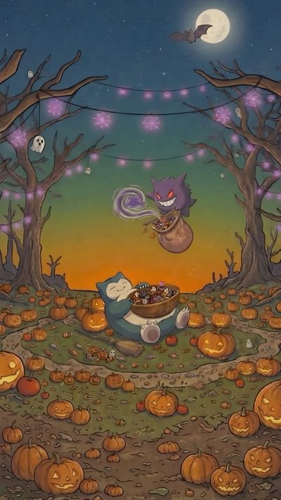 a painting of a cat flying through the air over pumpkins and jack - o'- lanterns Halloween Snorlax Snorlax And Gengar, Snorlax Fanart, Snorlax, Halloween Pokemon Art, dark olive green