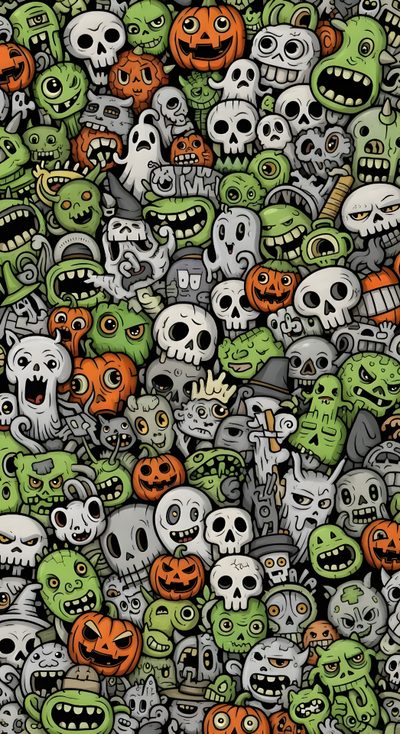 a bunch of skulls and pumpkins with faces on them, all in different colors Halloween Monster Pattern Zombie 4k Iphone, Halloween Monsters, Zombie Background, dim gray