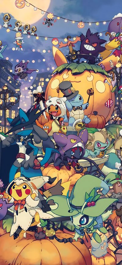 an animated image of many cats and pumpkins in the air with lights above them Digimon Halloween Pokémon Halloween, Fall Pokemon, Halloween Pokémon, Halloween Pokemon, gray