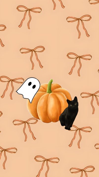 a black cat sitting in front of a pumpkin with a ghost on it's back Preppy Halloween Cat Cute Images For, Cute Images, burlywood