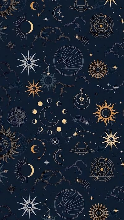 the sun, moon and stars are all drawn in gold on a dark blue background Hand Drawn Halloween Constellation Navy Celestial Iphone, Celestial Ipad, Celestial Aesthetic Background, black
