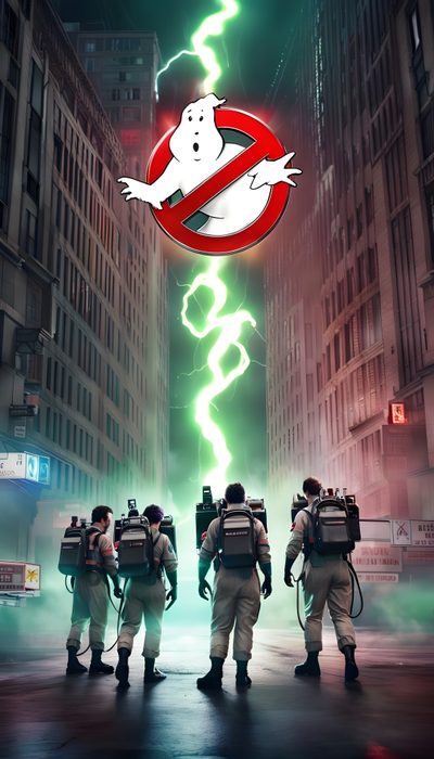ghostbusters standing in the middle of a city street Ghostbusters Halloween Ghostbusters Shooting, Ghostbusters Background, Ghostbusters Aesthetic, dark slate gray