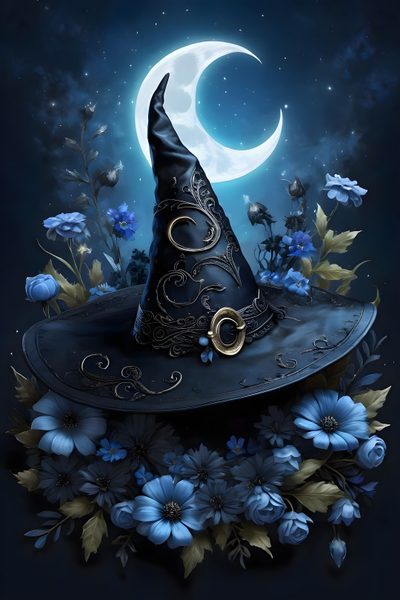 a witches hat sitting on top of a blue flower covered ground with the moon in the background Halloween Witch Hat Witches Iphone, Witch Hat, Witches Backgrounds, Creepy Cats N' Cauldrons, dark slate gray