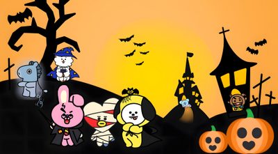 an animated halloween scene with pumpkins and cartoon characters Bts Halloween Laptop Bts Halloween, Halloween, Pc, The Original, Doodles, Bts, goldenrod