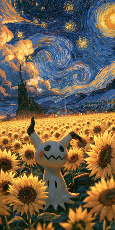 a painting of a sunflower field with a strange looking animal in the foreground Halloween Mimikyu Pokémon, My Pokemon, Pokemon, dark olive green