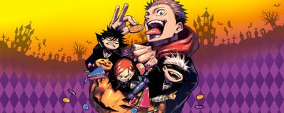 an image of anime characters in front of a purple and yellow background with words that read, Jujustu Kaisen Halloween 1920x1080 Jujustu Kaisen Halloween Pfp, Jujutsu Kaisen Halloween Pfp, Jujutsu Kaisen Official Art Manga, sienna