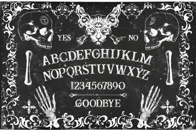 an old fashioned sign with skulls and bones on it's front cover, in black and white Halloween Ouija Board Ouija Board 4k, Halloween Ouija Board Background, Ouija Background, dark slate gray