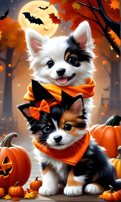 two puppies wearing scarves and pumpkins in front of a full moon background Cute Dog And Cat Halloween Happy Halloween Pictures, Cute Dog, Dog Pumpkin, Halloween Cute, sienna