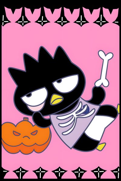 a cartoon character holding a pumpkin in front of a pink background Badtz Maru Halloween Badtz Maru Halloween, Badtz Maru Vampire, Badtz Maru Thanksgiving, light pink