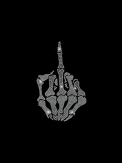a black background with white dots in the shape of a hand holding a knife and fork Halloween Middle Finger Pink Retro, Bling Design, Rhinestone Letters, Rhinestone Transfers, Skull, black
