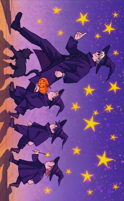 an animated image of some people flying in the air with their hands up and stars around them Jjk Halloween Jjk Thanksgiving, Jujutsu Kaisen Witch, Gojo Jjk Team Gojo, dark slate blue