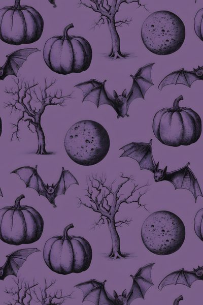 a drawing of pumpkins and bats on a purple background Halloween Bats And Pumpkins - Lilac Bat Pattern Fabric Design, Purple And Black Halloween Patterns, Purple Spooky Pattern Design, dim gray