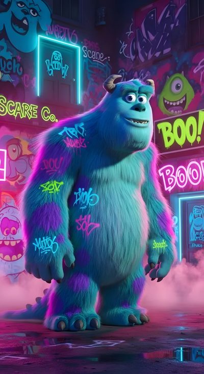 the monsters are standing in front of neon signs Monsters Inc Halloween 1366x768 Hd, Disney Pop Art, Fiesta Colors, Female Samurai, dark slate blue