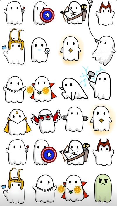 some cartoon ghost characters with different expressions Marvel Halloween Marvel Ghosts, Doodle Deadpool, Cool Marvel Drawings, Marvel Cartoon Art, white