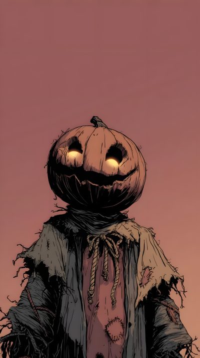 an illustration of a scarecrow with two glowing eyes on it's head, standing in front of a pink sky Halloween Attack Creepy Pumpkin, Sci Fi Horror, Halloween Dark, Fond D Ecran, Anime Fnaf, Wild Nature, sienna