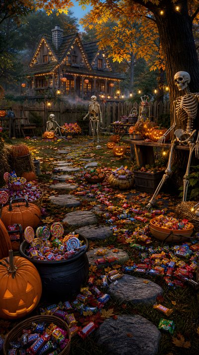a halloween scene with pumpkins, candy and skeletons Halloween Candy House Cozy Halloween, Cottage Living, Cozy Aesthetic, Slow Living, dark slate gray