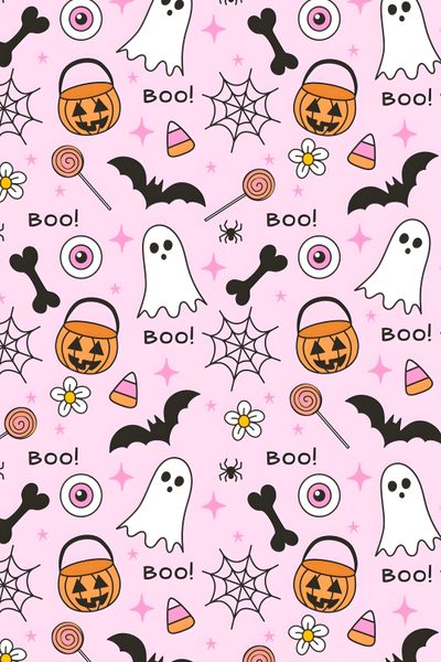 a pink background with halloween themed items on it Halloween Ghosts And Webs On Pink Cute Halloween Spider Web, Cute Spiderweb, Cute Spider Web, lavender blush
