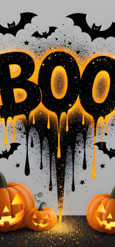 halloween pumpkins and bats with boo written on the side in front of them, Halloween Liquid Boo Printable And Creative Logo Design Art, Halloween Mason Jars, Image Halloween, dark goldenrod