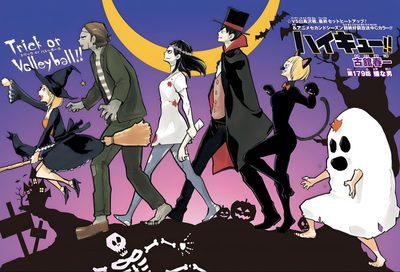 a group of people dressed up in halloween costumes walking on a hill with a full moon behind them Haikyuu Halloween Haikyuu Halloween Pfp, Haikyuu Halloween Icons, Mha Halloween Official Art, dark slate blue