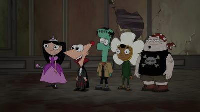 cartoon characters standing in front of a building Disney Channel Halloween Cartoons Episodes, Disney Channel Halloween, Halloween Episodes, dark slate gray