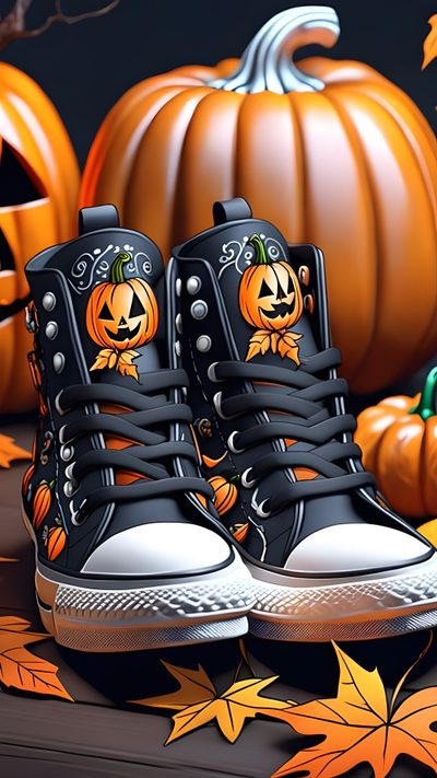 a pair of sneakers decorated with pumpkins and jack - o'- lanternes Halloween Retro Shoes With Pumpkins Happy Halloween Stockings, Cool Boy Halloween, Cool Halloween For Boys, dark olive green