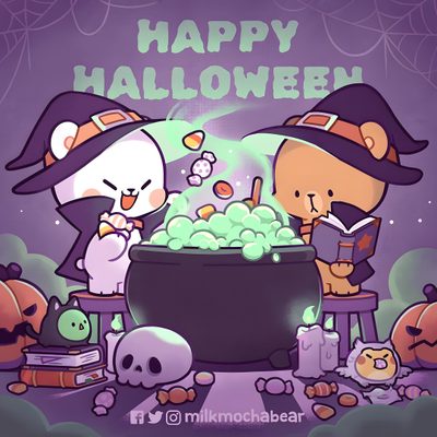 two cartoon characters in witches hats are cooking some halloween treats with skulls and pumpkins Milk And Mocha Halloween Milk And Mocha Thanksgiving, Milk And Mocha Halloween, Bubu Dudu Halloween, dim gray