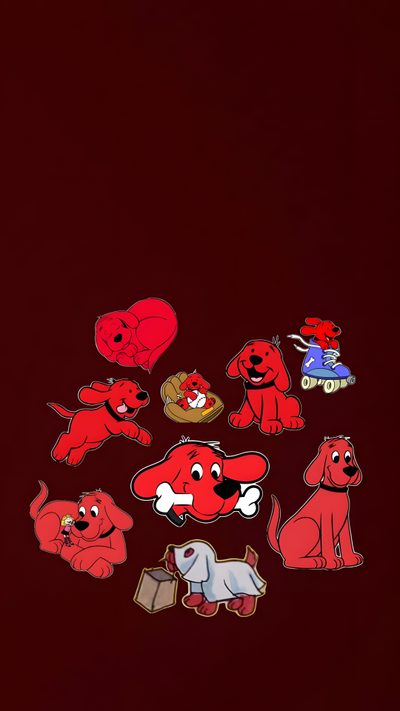 red dogs stickers are arranged on a black background, with one dog in the middle Clifford Halloween Clifford The Big Red Dog Fandom, Clifford The Big Red Dog Tattoo, Red Dog, black