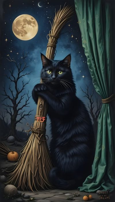 a black cat sitting on top of a broom in front of a window with the moon behind it Halloween Witch Cat Halloween Night Scene, Black Cat With Broom At Night, Halloween Party Inspiration, dark slate gray