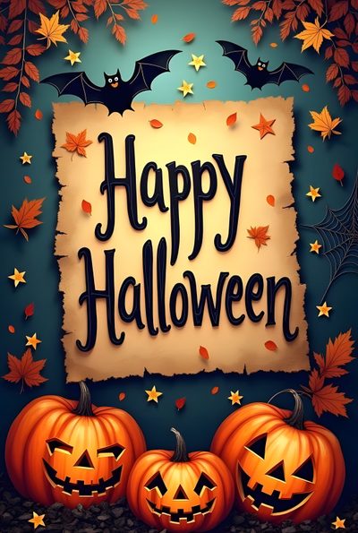 two pumpkins sitting next to each other with bats and leaves around them, in front of a sign that says happy halloween That Says Happy Halloween Happy Happy Halloween Images, Free Happy Halloween Images, Happy Halloween Wishes Images, dark olive green