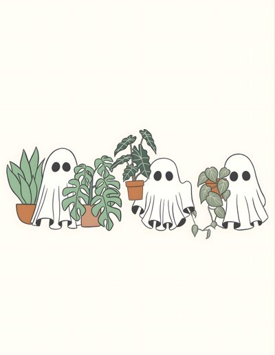 three ghost planters are lined up in front of some houseplants and one is holding a potted plant Halloween Plant Halloween Plants Illustration, Ghost Plant Drawing, Ghost Plant Tattoo, floral white