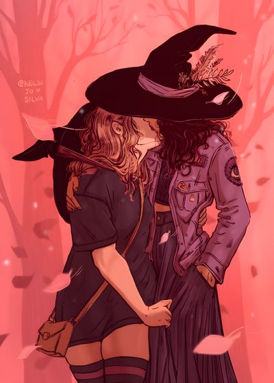 two women in witches costumes kissing each other with trees and leaves on the ground behind them Sapphic Halloween Kelpie Anime, Katie Silva Castlevania, Witch Kiss, Witch Lovers Art, indian red