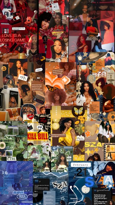 the collage shows many different types of images and words, including women's names Sza Halloween Sza Fan, Backgrounds Sza, Sza Iphone, Sza Sos, Sza Lockscreen, dark olive green