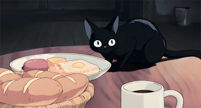 a black cat sitting on top of a table next to a plate of food Halloween Cat Gif Simple Desktop, Cute Cover Screen Gif, Gif Laptop Hd, Chromebook Gif, dark slate gray