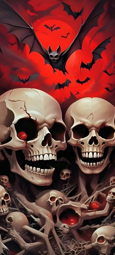 three skulls with bats on their heads and blood in the eyes are all over them Halloween Skull And Bat Skulls Artwork, Vampire Skull Art, Skull And Bat, Red Skulls, saddle brown