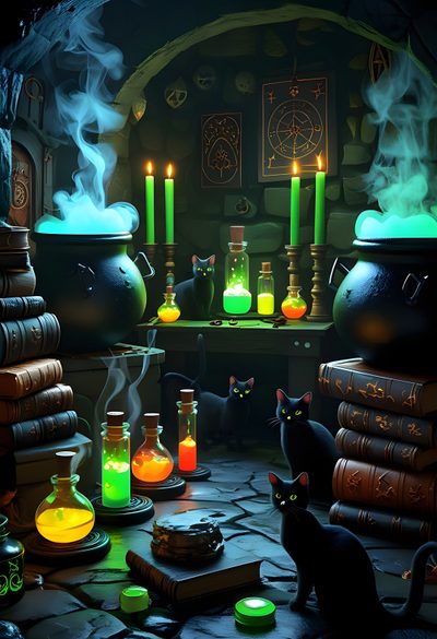 a black cat sitting on top of a stone floor next to bottles filled with liquid Halloween Spooky Cauldron Snakes Potions Cat Background, Halloween Night, Photo Presentation, black