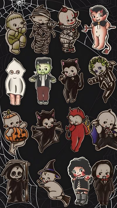 halloween stickers on a black background with spider, ghost and cat characters in the center Kewpie Halloween Spooky Ipad, Spooky Cute, Kewpie Halloween, Elvira Movies, Cute Canvas Paintings, black
