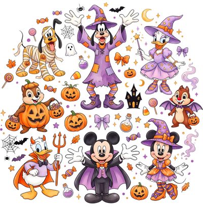 a group of cartoon characters dressed up in halloween costumes with pumpkins, bats and witches Disney Characters Halloween Halloween Clipart, Disney Clipart, Disney Halloween, Clip Art, Halloween, snow