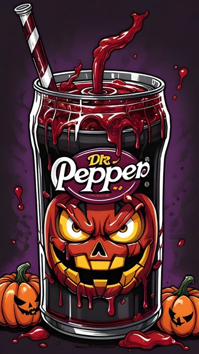a halloween drink with an orange pumpkin on the top and red liquid pouring out of it Dr Pepper Halloween Dr Pepper Halloween, Thanksgiving Horror, Dr Pepper Artwork, dark slate gray