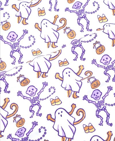 a white background with purple and orange halloween characters on it, including ghostes and pumpkins Roller Rabbit Halloween Preppy Halloween Cat, Roller, Preppy Halloween Background, Preppy Skeleton, white